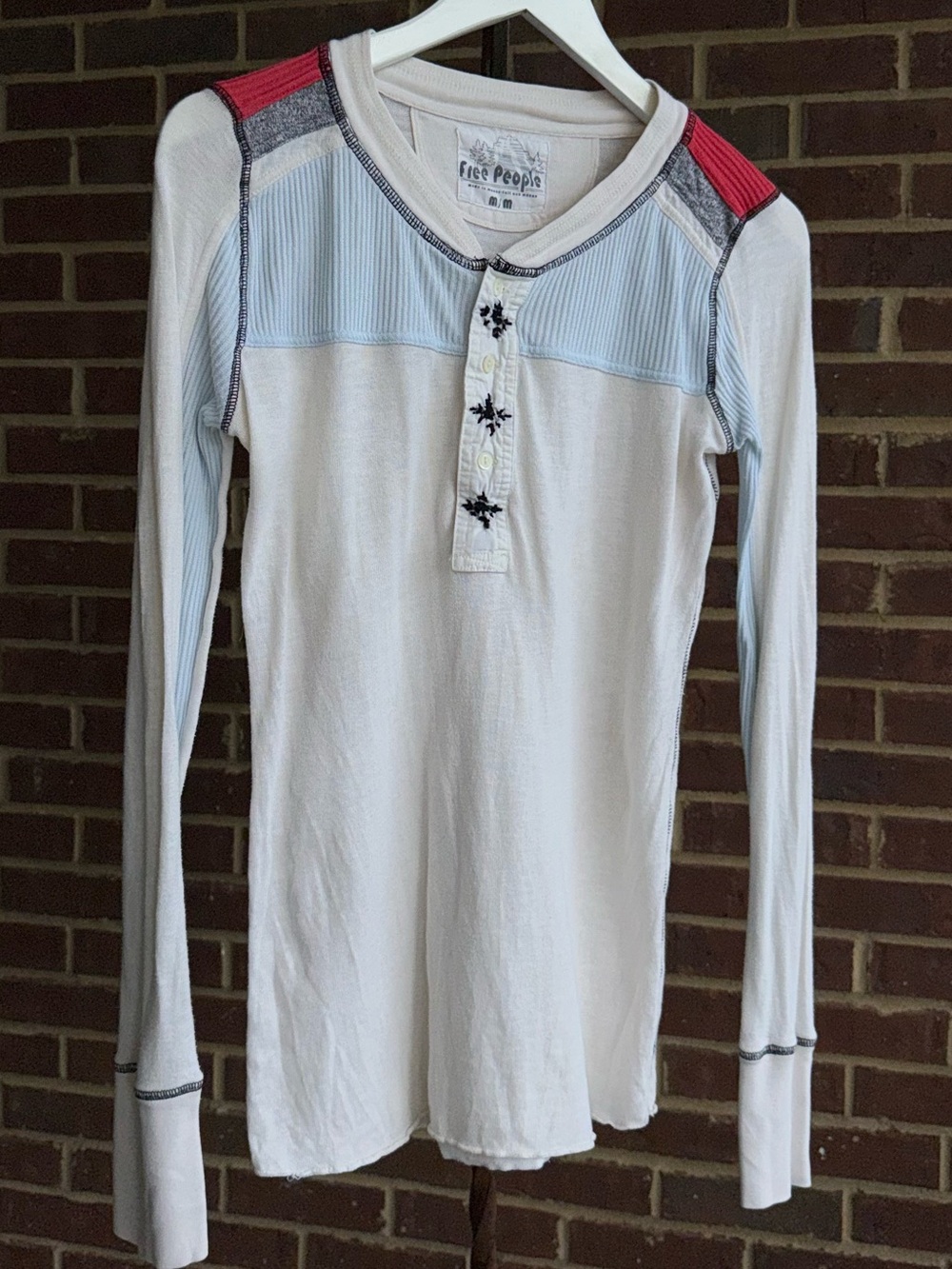 Free People Long Sleeve Henley Tee in Cream with Light Blue & Red Accents
